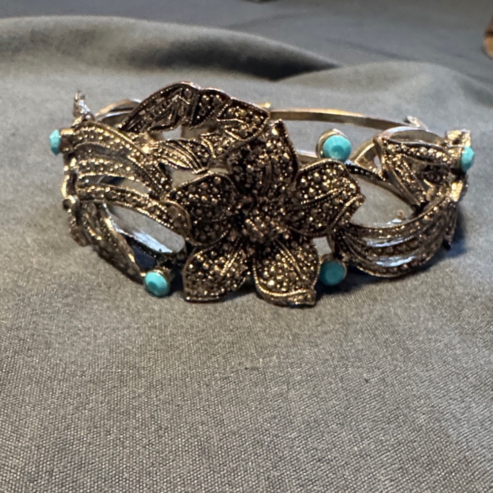 Floral Marcasite Bracelet with Turquoise Accent Beads
